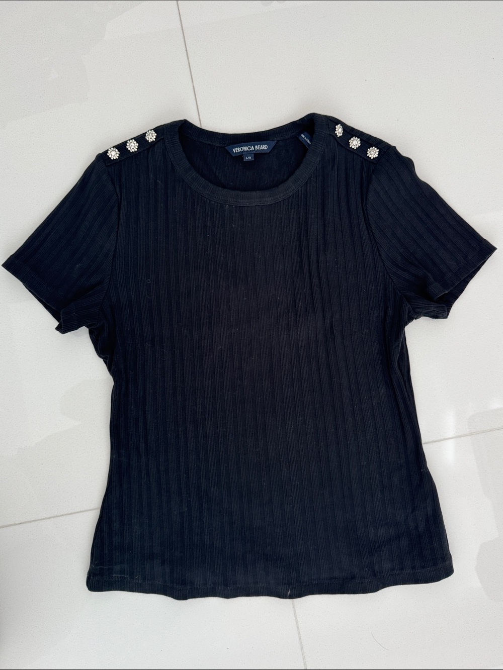 Veronica Beard Black Ribbed Short Sleeve Tee with Crystal Shoulder Buttons